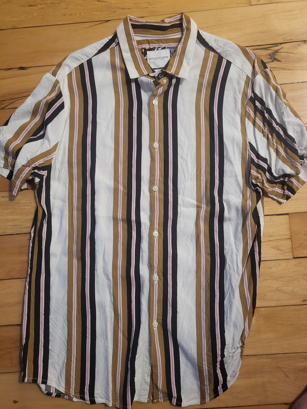Denim & Flower Men's Short-Sleeve Striped Button-Down in White, Brown & Black